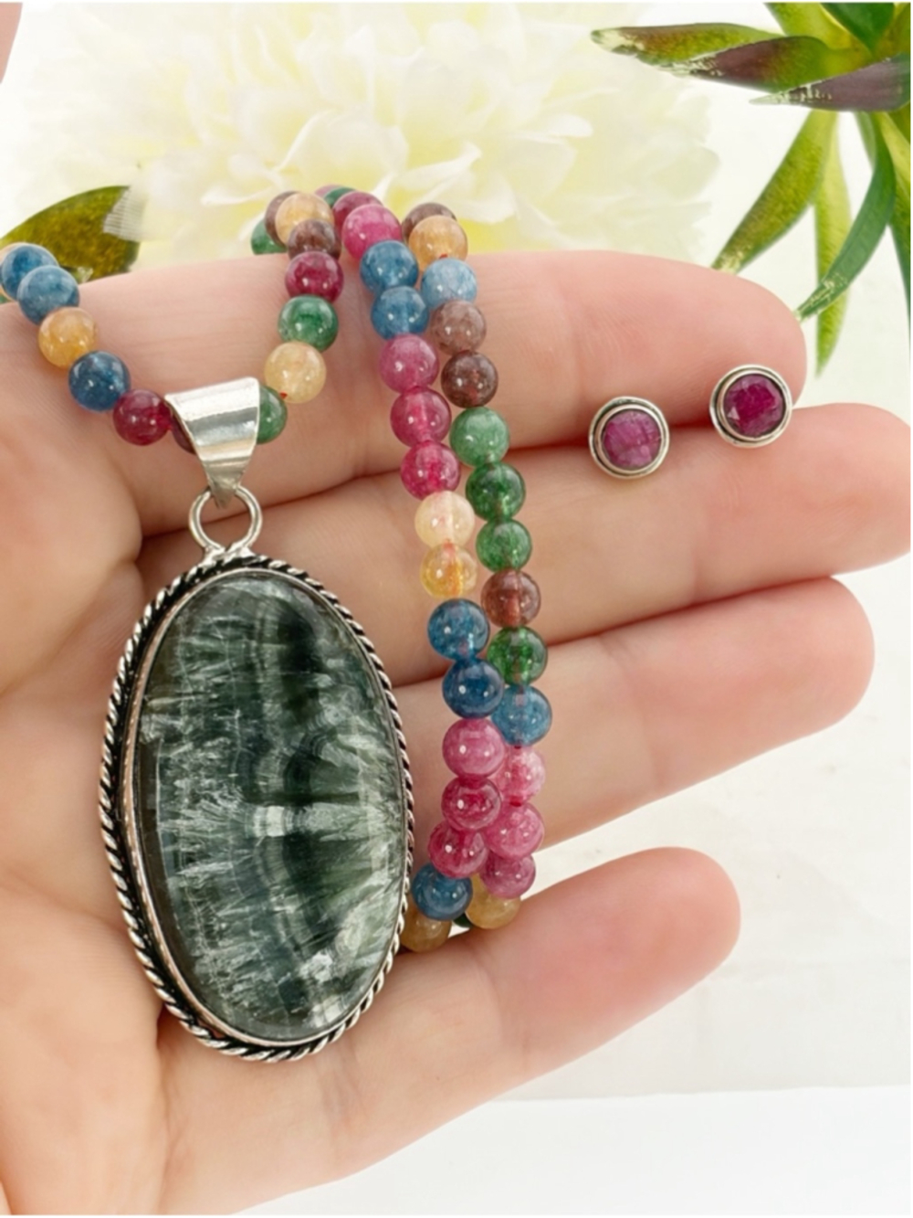 Seraphinite Pendant Set Lot Multi Gem Bead Necklace Sterling Silver 925 New